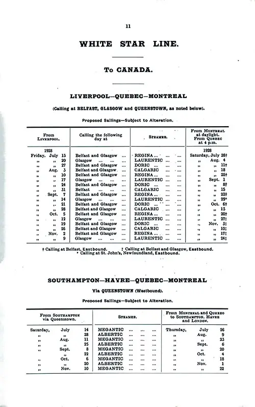 WSL Sailing Schedule, Canadian Services, from 13 July 1928 to 24 November 1928.