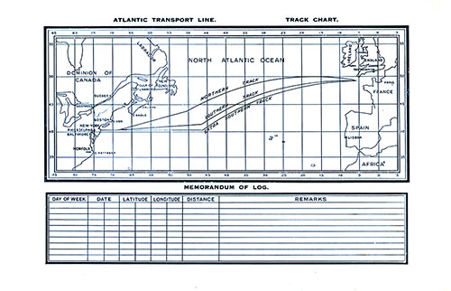 Atlantic Transport Line Track Chart of the North Atlantic Ocean Showing the Northern, Southern, and Extra Southern Tracks (Routes), and a Memorandum of Log (Unused). SS Minnewaska First Class Passenger List, 25 August 1928.