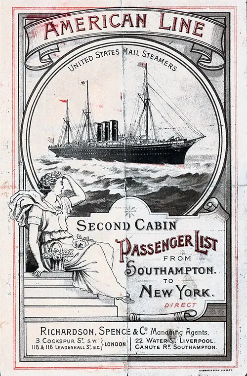 Front Cover, SS New York Second Cabin Passenger List, Departing 19 August 1893 from Southampton to New York.