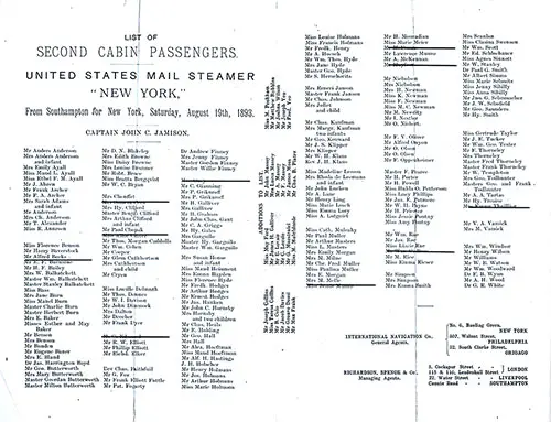 List of Passengers, Commander, and Offices, SS New York Second Cabin Passenger List, 19 August 1893.