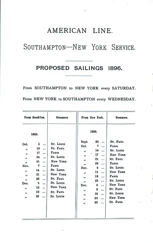 American Line Sailing Schedule, Southampton-New York, 30 September 1896 to 30 December 1896.