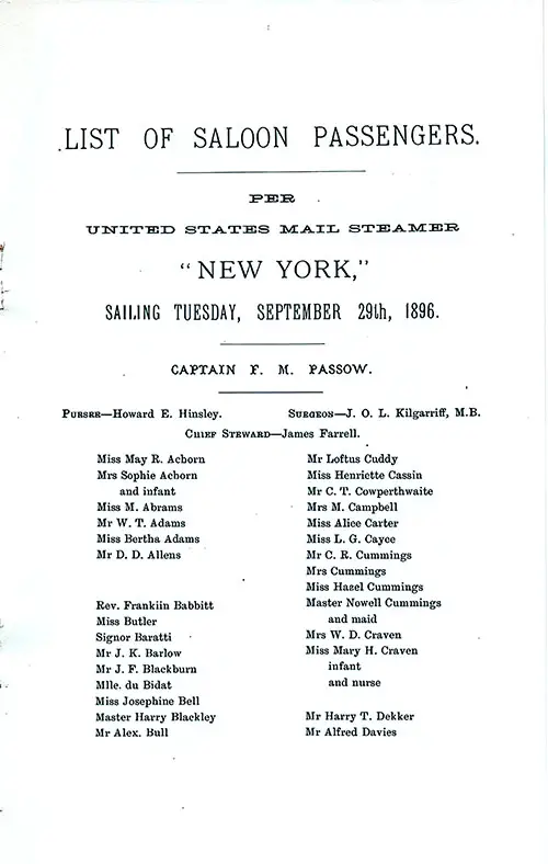 Title Page, Listing of Senior Officers, List of Passengers, Part 1, SS New York Saloon Passenger List, 29 September 1896.