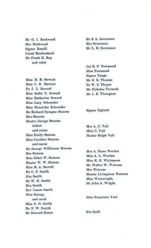 List of Passengers, Part 4 (Mr. G I. Rockwood to Mrs. Zuill), SS New York Saloon Passenger List, 29 September 1896.