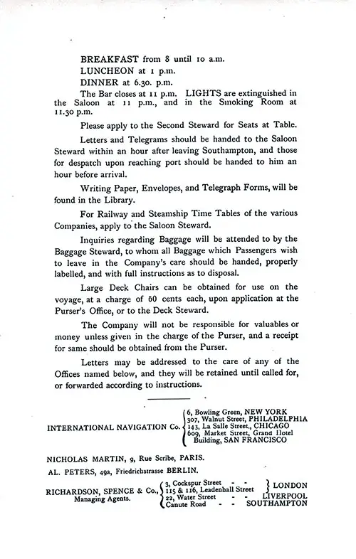 Information for Passengers and American Line Offices and AgenciesSS New York Saloon Passenger List, 29 September 1896.