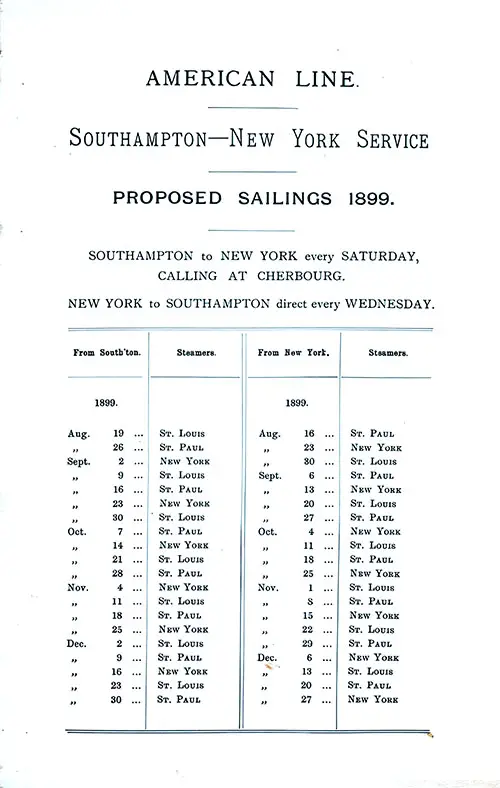 American Line Sailing Schedule, Southampton-New York Service, From 16 August 1899 to 30 December 1899.