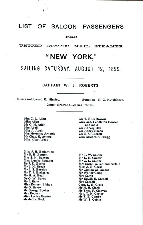 Title Page, List of Senior Officers, List of Passengers, Part 1 (Mrs. C. L. Allen to Mr. W. S. Colvin). SS New York Saloon Passenger List, 12 August 1899.