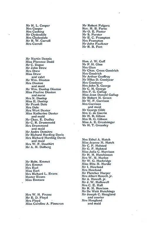List of Passengers, Part 2 (Mr. H. L. Cooper to Mrs Hoagland and Maid). SS New York Saloon Passenger List, 12 August 1899.