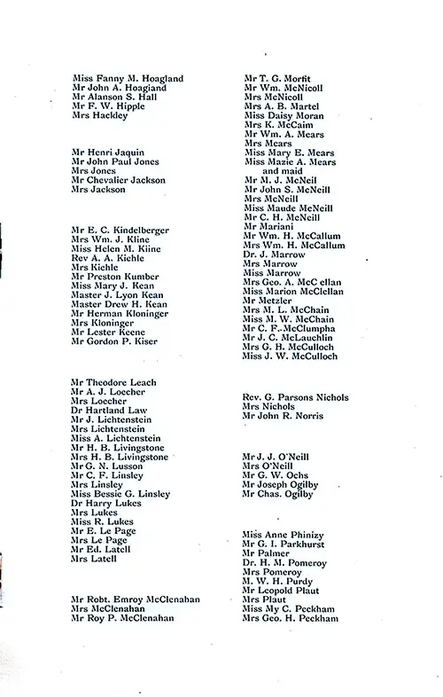 List of Passengers, Part 3 (Miss Fanny M. Hoagland to Mrs. George H. Peckham). SS New York Saloon Passenger List, 12 August 1899.