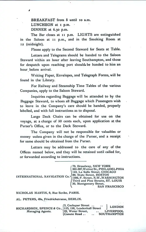 Information for Passengers, Offices and Agencies of International Navigation Co. SS New York Saloon Passenger List, 12 August 1899.