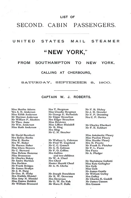 Title Page, Listing of Passengers, Part 1 (Miss Bertha Adams to Mrs. Gasson), SS New York Second Cabin Passenger List, 8 September 1900.