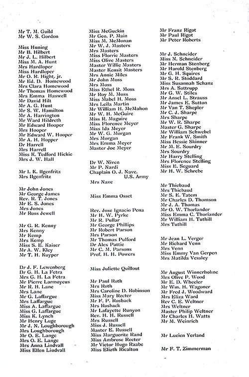 Listing of Passengers, Part 2 (Mr. T. M. Guild to Mr. F. T. Zimmerman), SS New York Second Cabin Passenger List, 8 September 1900.