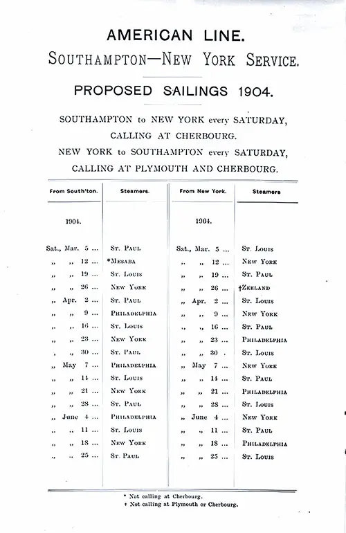 American Line Sailing Schedule, Southampton-New York Service, 5 March 1904 to 25 June 1904.