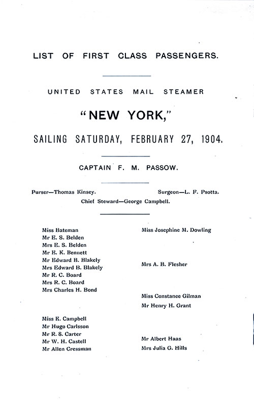 Title Page, Senior Officers, List of Passengers, Part 1 (Miss Bateman to Mrs. Julia G. Hills). SS New York First Class Passenger List, 27 February 1904.
