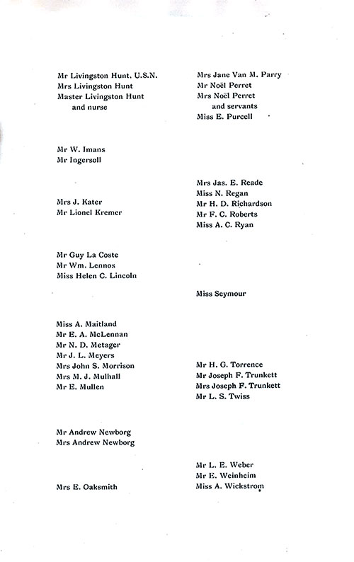 List of Passengers, Part 2 (Mr. Livingston Hunt, USN to Miss A. Wickstrom). SS New York First Class Passenger List, 27 February 1904.