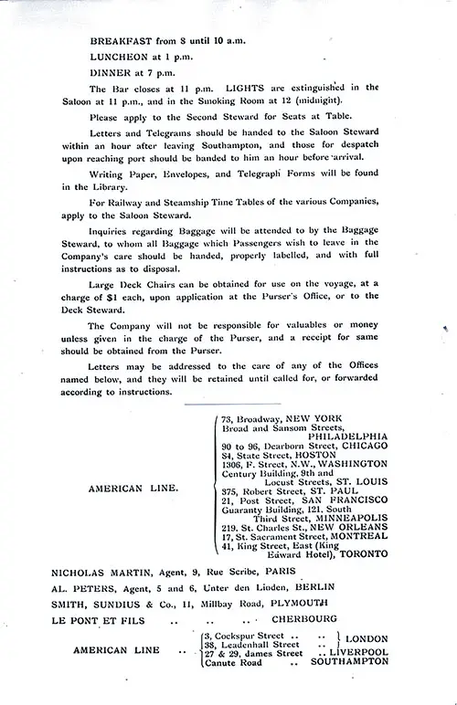 Information for Passengers and American Line Offices and Agencies. SS New York First Class Passenger List, 27 February 1904.