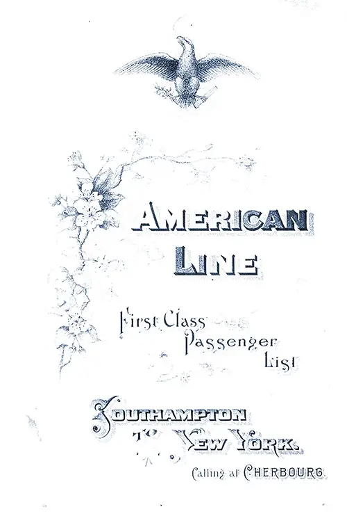 Front Cover - 23 September 1905 Passenger List, SS New York, American Line