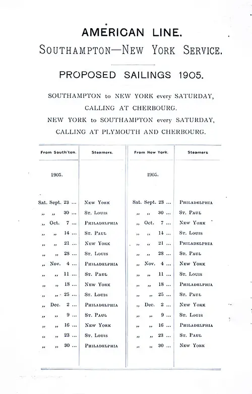 American Line Sailing Schedule, Southampton-New York Service, From 23 September 1905 to 30 December 1905.