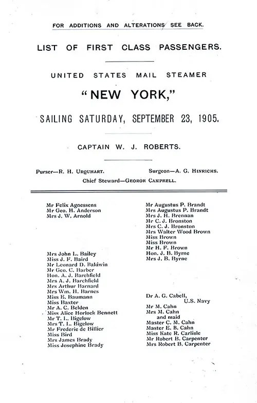 Title Page, Listing of Senior Officers, Listing of Passengers, Part 1 (Mr. Felix Agnessens to Mrs. Robert B. Carpenter). SS New York First Class Passenger List, 23 September 1905.