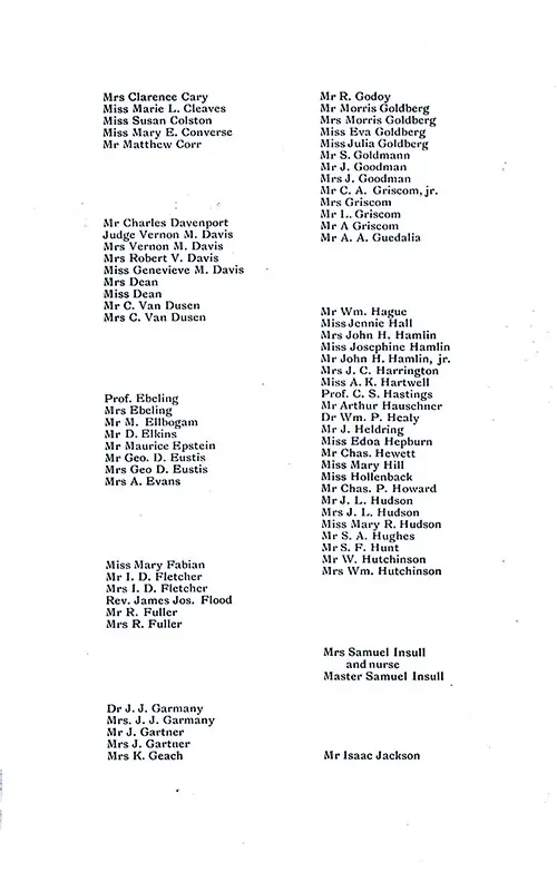 Listing of Passengers, Part 2 ( Mrs. Clarence Clay to Mr. Isaac Jackson). SS New York First Class Passenger List, 23 September 1905.