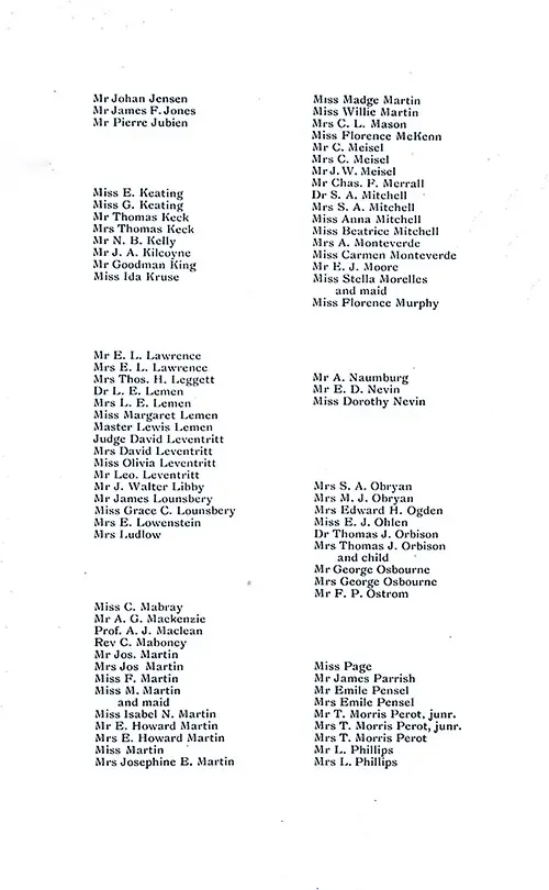 Listing of Passengers, Part 3 (Mr. Johan Jensen to Mrs. L. Phillips). SS New York First Class Passenger List, 23 September 1905.