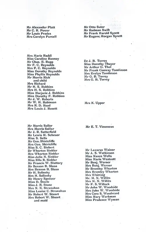 Listing of Passengers, Part 4 (Mr. Alexander Platt to Miss Prudence Wyman). SS New York First Class Passenger List, 23 September 1905.