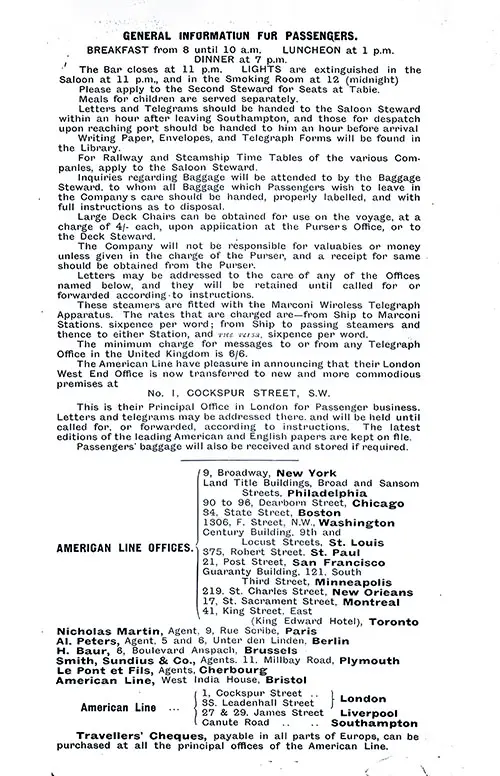 General Information for Passengers and American Line Offices and Agencies. SS New York First Class Passenger List, 23 September 1905.