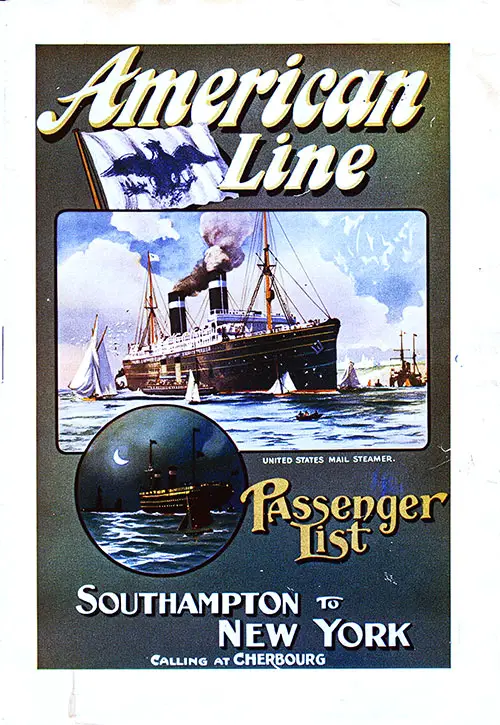 Front Cover, SS New York First Class Passenger List, Departing Saturday, 27 August 1910 from Southampton to New York via Cherbourg.