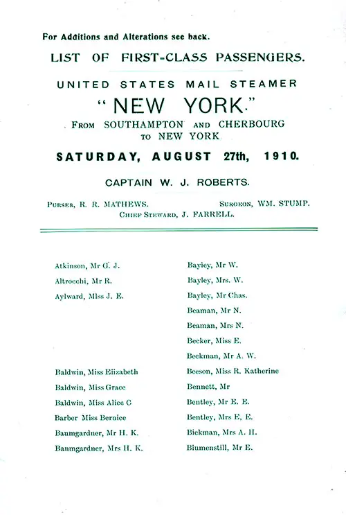 Title Page, Listing of Senior Officers, and Passengers, Part 1 (Atkinson-Biumenstill). SS New York First Class Passenger List, 27 August 1910.
