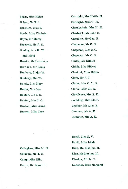 Passengers, Part 2 (Boggs-Donohoe). SS New York First Class Passenger List, 27 August 1910.