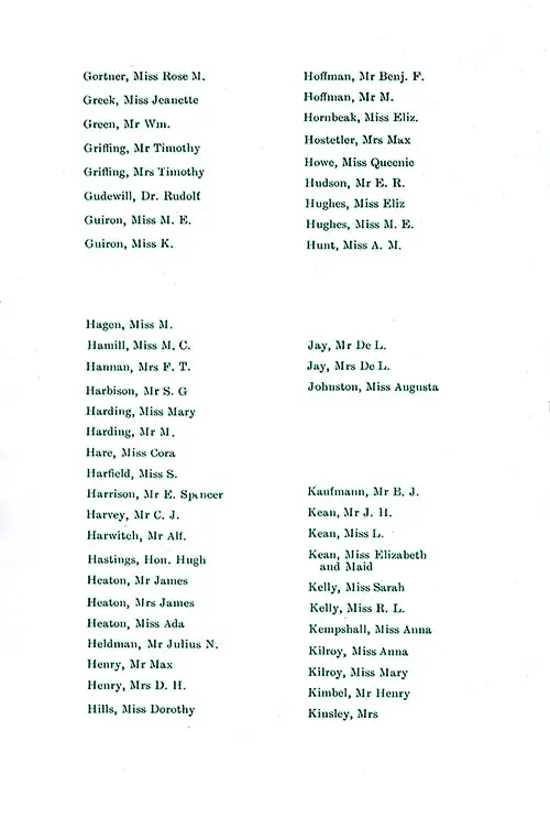 Passengers, Part 4 (Gortner-Kinsley). SS New York First Class Passenger List, 27 August 1910.