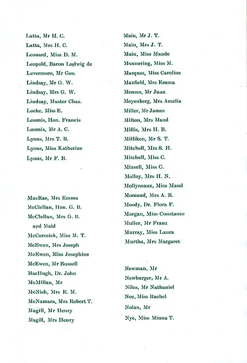 Passengers, Part 5 (Latta-Nye). SS New York First Class Passenger List, 27 August 1910.