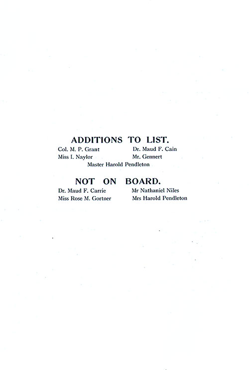 Listings of Passenger Errata. SS New York First Class Passenger List, 27 August 1910