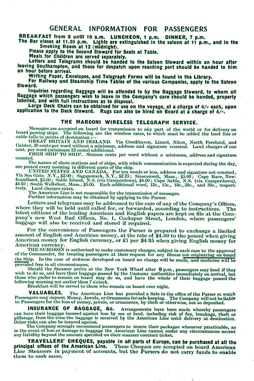General Information for Passengers. SS New York First Class Passenger List, 27 August 1910.