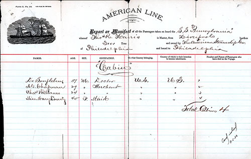 GG Archives Poster For a Cabin Class Passenger List from the SS Pennsylvania of the American Line, Departing circa 1878 from Liverpool to Philadelphia, Commanded by Captain Thom. R. Harris.