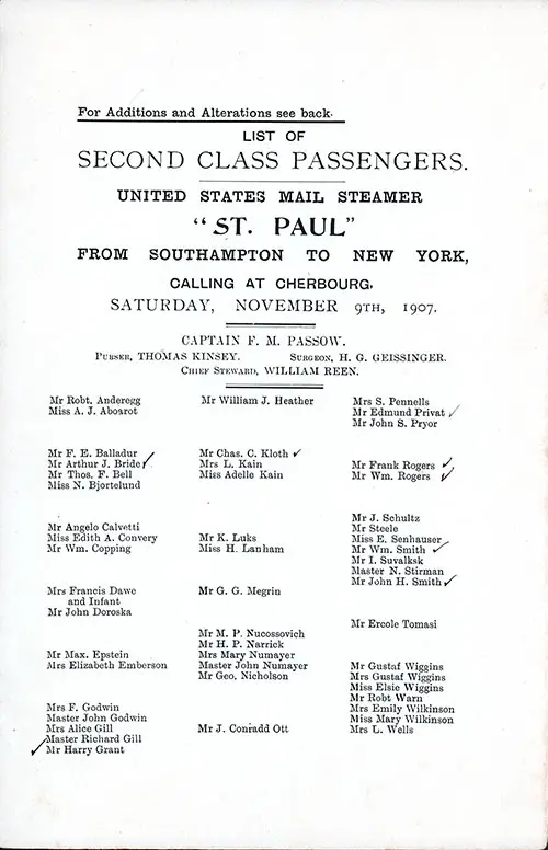 Title Page and Listing of Passengers, SS St. Paul Second Class Passenger List, 9 November 1907.