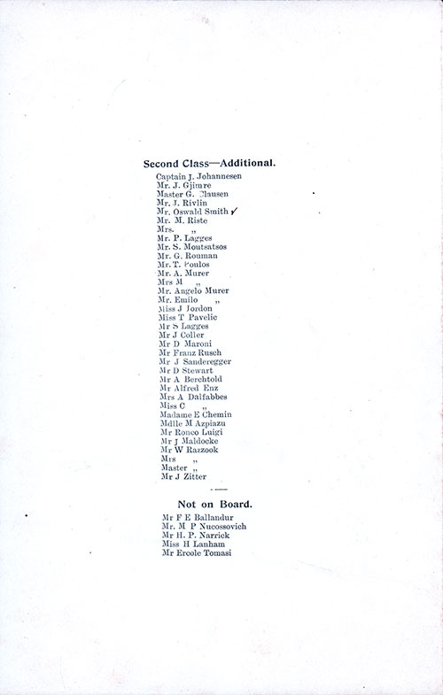Errata Addendum, SS St. Paul Second Class Passenger List, 9 November 1907.