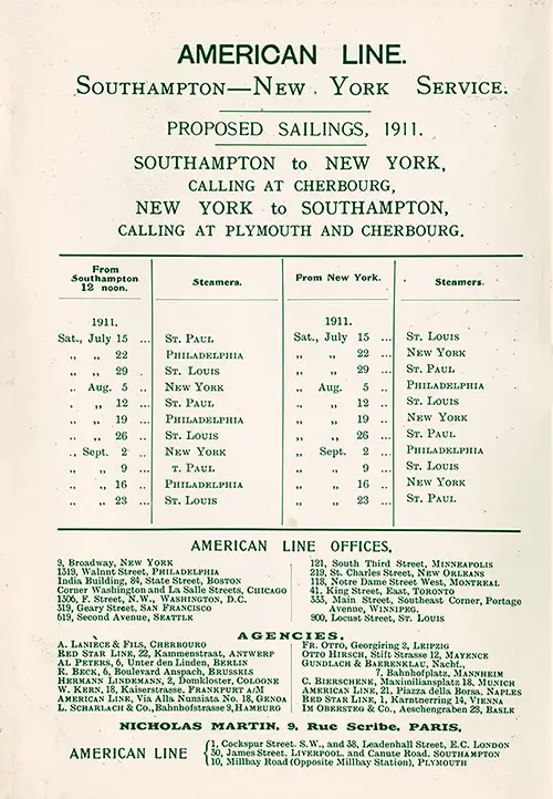 American Line Sailing Schedule, Southampton to New York via Cherbourg and New York to Southampton via Plymouth an Cherbourg, from 15 July 1911 to 23 September 1911.