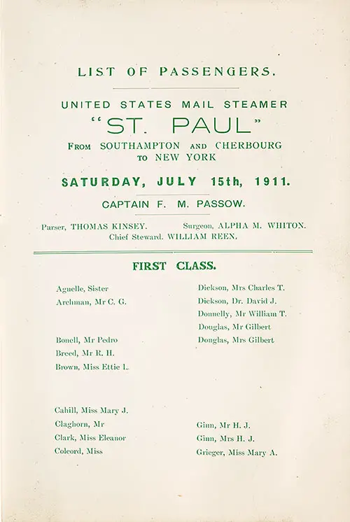 Title Page and First Class Passengers. SS St. Paul Cabin Class Passenger List, 15 July 1911.