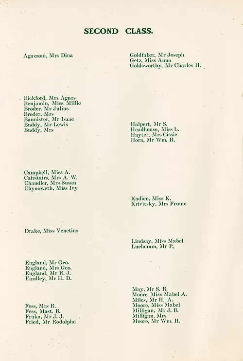 Second Class Passengers, SS St. Paul Cabin Class Passenger List, 15 July 1911.