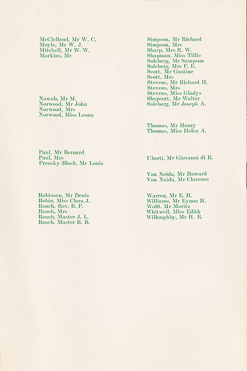 Second Class Passengers, Continued, SS St. Paul Cabin Class Passenger List, 15 July 1911.