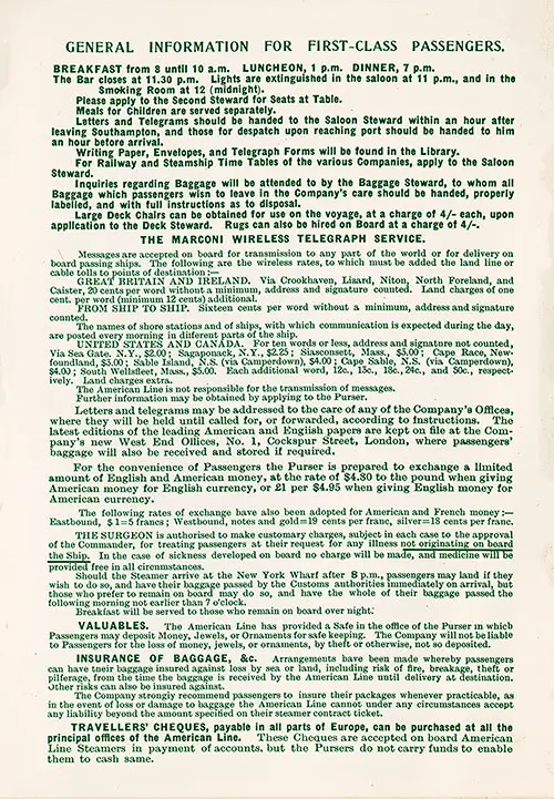 Information for First Class Passengers. SS St. Paul Cabin Class Passenger List, 15 July 1911.