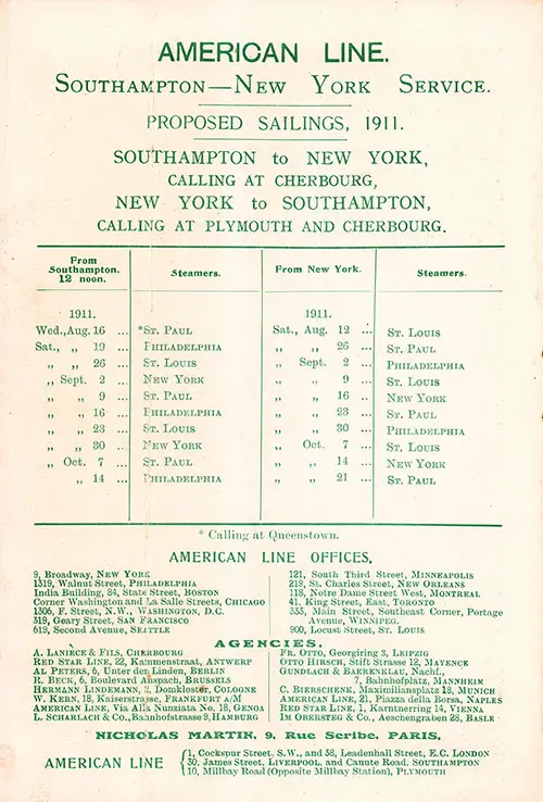 American Line Sailing Schedule, Southampton-New York Service, 12 August 1911 to 21 October 1911.