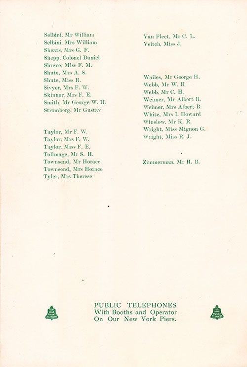 Passengers, Part 4 and Public Telephones Notice, SS St. Paul First Class Passenger List, 16 August 1911.