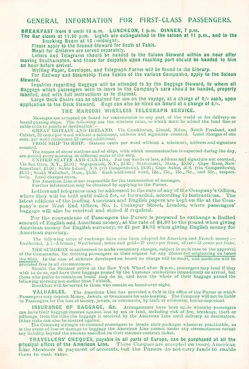 General Information for First-Class Passengers, SS St. Paul First Class Passenger List, 16 August 1911.
