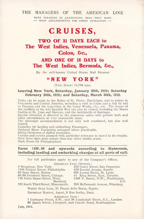 Advertisment Insert - Cruises to the West Indies on the SS New York, January - March 1912.