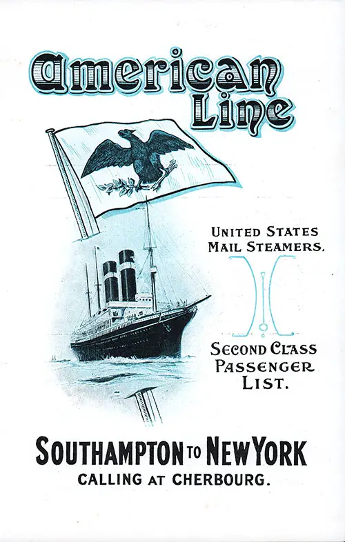 Front Cover, SS St. Paul Second Class Passenger List, Departing Wednesday, 27 May 1914 from Southampton to New York