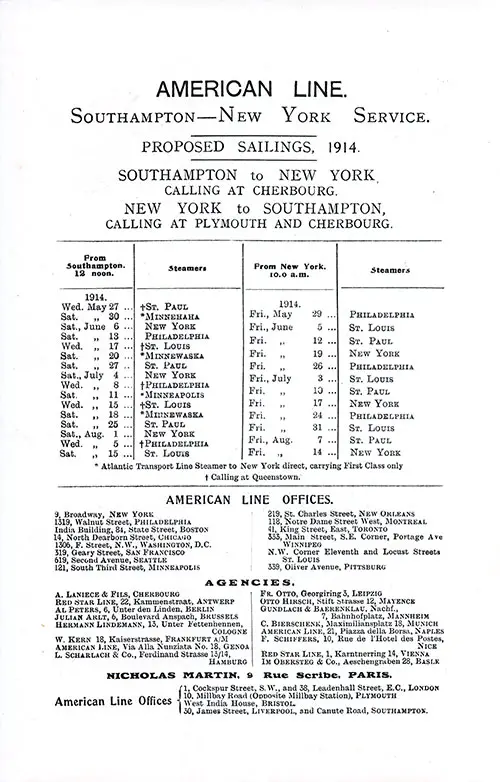 American Line Sailing Schedule, Southampton-New York Service, from 27 May 1914 to 15 August 1914.