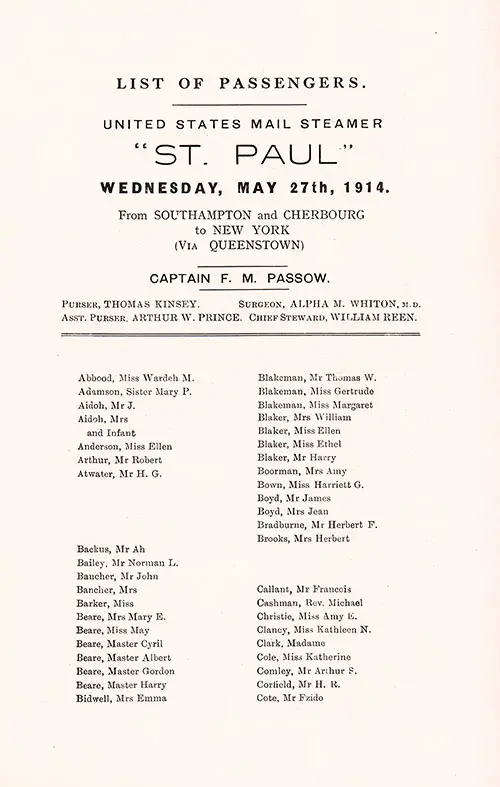 Title Page and Passengers, SS St. Paul Second Class Passenger List, 27 May 1914.