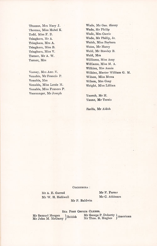 Passengers, Part 4 plus Orchestra Memberes, and British and American Sea Post Office Clerks. SS St. Paul Second Class Passenger List, 27 May 1914.