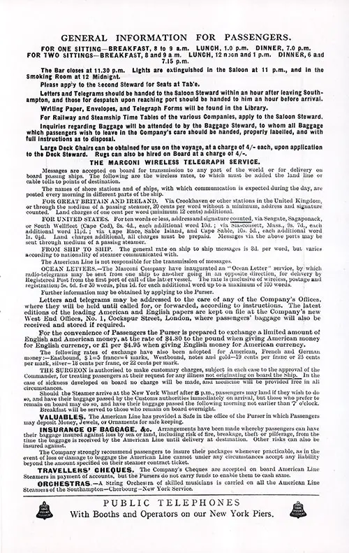 General Information for Passengers, SS St. Paul Second Class Passenger List, 27 May 1914.